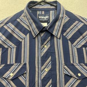 Wrangler Western Shirt Men’s XL Blue Tan Striped Pearl Snap Cowboy Rodeo